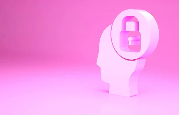 Testa umana rosa con icona di blocco isolata su sfondo rosa. Concetto minimalista. Illustrazione 3d rendering 3D — Foto Stock