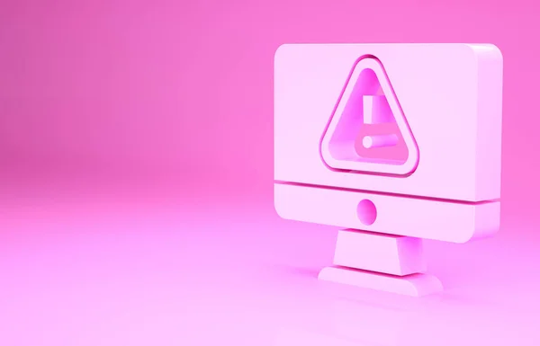 Monitor per computer rosa con icona a punto esclamativo isolato su sfondo rosa. Messaggio di avviso notifica smartphone. Concetto minimalista. Illustrazione 3d rendering 3D — Foto Stock