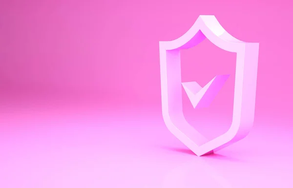 Pinkfarbenes Schild mit Häkchen auf rosa Hintergrund. Sicherheit, Sicherheit, Schutz, Privatsphäre. Häkchen gesetzt. Minimalismus-Konzept. 3D Illustration 3D Renderer — Stockfoto
