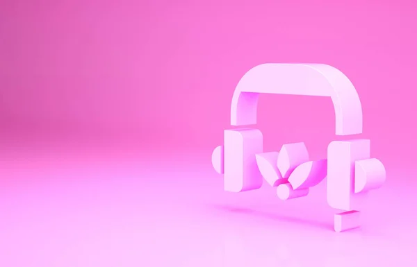 Rózsaszín fejhallgató meditációs ikon elszigetelt rózsaszín alapon. Minimalizmus koncepció. 3d illusztráció 3D render — Stock Fotó