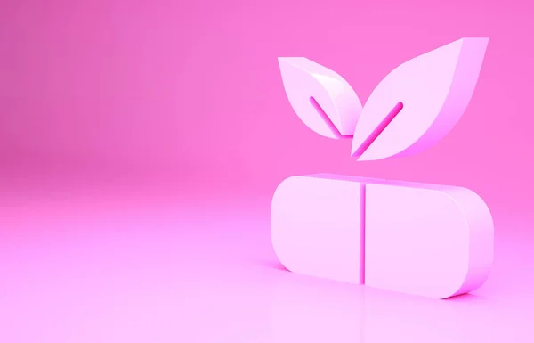 Розовая медицинская таблетка с иконкой растения изолированы на розовом фоне. Травяные таблетки. Концепция минимализма. 3D-рендеринг — стоковое фото