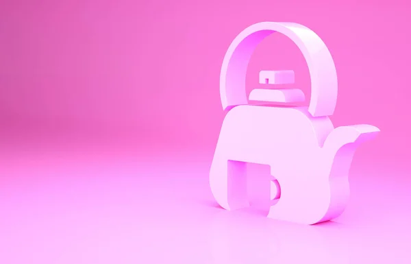 Ícone de cerimônia de chá tradicional rosa isolado no fundo rosa. Bule com xícara. Conceito de minimalismo. 3D ilustração 3D render — Fotografia de Stock