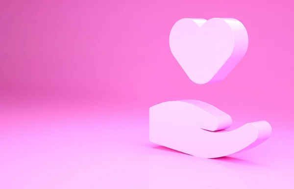 Coração rosa na mão ícone isolado no fundo rosa. Mão dando símbolo de amor. Símbolo do dia dos namorados. Conceito de minimalismo. 3D ilustração 3D render — Fotografia de Stock