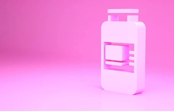 Soro de colágeno rosa e ícone de vitamina isolado em fundo rosa. Tratamento facial essência pele cuidados cosméticos. Conceito de minimalismo. 3D ilustração 3D render — Fotografia de Stock