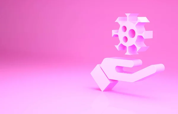 Mão rosa com ícone de vírus isolado no fundo rosa. Vírus da Corona 2019-nCoV. Bactérias e germes, cancro das células, micróbios, fungos. Conceito de minimalismo. 3D ilustração 3D render — Fotografia de Stock