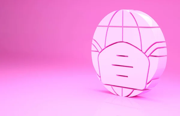 Globe Terre rose avec icône de masque médical isolé sur fond rose. Concept de minimalisme. Illustration 3D rendu 3D — Photo