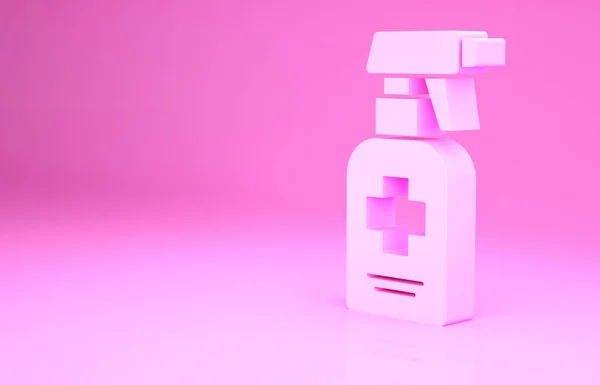 Różowa butelka płynnego mydła antybakteryjnego z ikoną dozownika wyizolowaną na różowym tle. Antyseptyczne. Dezynfekcja, higiena, pielęgnacja skóry. Koncepcja minimalizmu. Ilustracja 3D 3D renderowania — Zdjęcie stockowe
