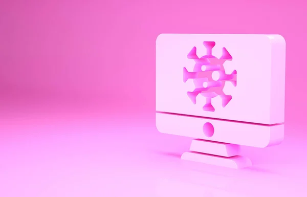 Estadísticas del virus rosa en el icono del monitor aislado sobre fondo rosa. Virus Corona 2019-nCoV. Bacterias y gérmenes, cáncer de células, microbios, hongos. Concepto minimalista. 3D ilustración 3D render —  Fotos de Stock