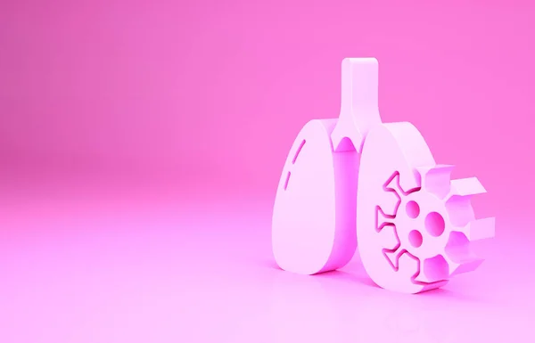 Células del virus rosa en el icono del pulmón aisladas sobre fondo rosa. Pulmón infectado. Coronavirus, COVID-19. 2019-nCoV. Concepto minimalista. 3D ilustración 3D render — Foto de Stock