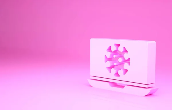 Estadísticas del virus rosa en el icono del ordenador portátil aislado sobre fondo rosa. Virus Corona 2019-nCoV. Bacterias y gérmenes, cáncer de células, microbios, hongos. Concepto minimalista. 3D ilustración 3D render — Foto de Stock