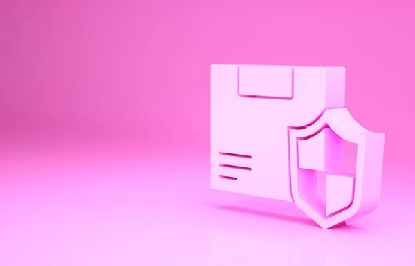 Różowe bezpieczeństwo dostaw z ikoną tarczy izolowane na różowym tle. Ubezpieczenie dostawy. Ubezpieczone kartonowe pudełka za osłoną. Koncepcja minimalizmu. Ilustracja 3D 3D renderowania — Zdjęcie stockowe