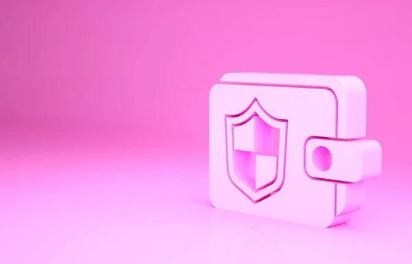 Roze portemonnee en geld met schild pictogram geïsoleerd op roze achtergrond. Verzekeringsconcept. Beveiliging, veiligheid, bescherming, bescherming concept. Minimalisme concept. 3d illustratie 3D renderen — Stockfoto