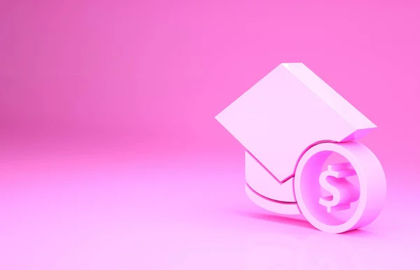 Pink Graduation cap and coin icon isolated on pink background. Education and money. Concept of scholarship cost or loan, tuition or study fee. Minimalism concept. 3d illustration 3D render