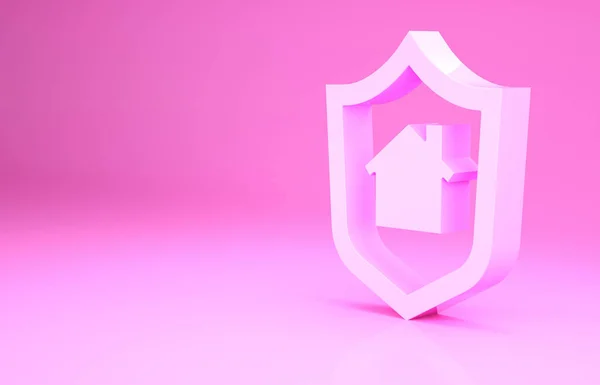 핑크 하우스에 방패 아이콘이 핑크 배경에 분리되어 있습니다. 보험 컨셉. 보안, 안전, 보호, 개념 보호. 미니멀리즘의 개념입니다. 3d 삽화 3D 렌더링 — 스톡 사진