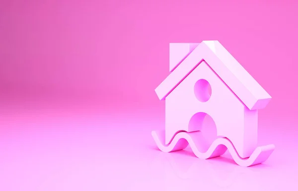 Pink House flood icon isolated on pink background. Home flooding under water. Insurance concept. Security, safety, protection, protect concept. Minimalism concept. 3d illustration 3D render