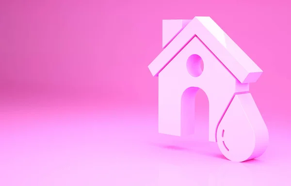 Icono de inundación de Pink House aislado sobre fondo rosa. Inundación de casas bajo el agua. Concepto de seguro. Seguridad, seguridad, protección, concepto de protección. Concepto minimalista. 3D ilustración 3D render — Foto de Stock