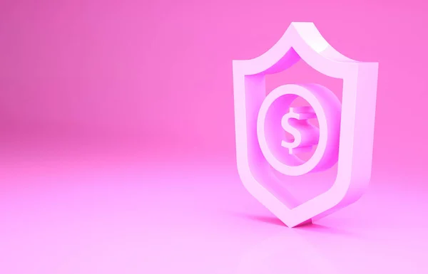Růžový štít s ikonou symbol dolaru izolované na růžovém pozadí. Ochranný štít. Koncept zabezpečení peněz. Minimalismus. 3D ilustrace 3D vykreslení — Stock fotografie