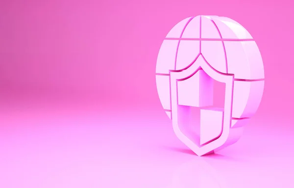 Escudo rosa com ícone do globo mundial isolado em fundo rosa. Conceito de seguro. Segurança, segurança, proteção, conceito de privacidade. Conceito de minimalismo. 3D ilustração 3D render — Fotografia de Stock