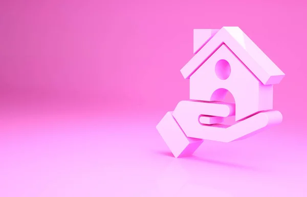 Icono de seguro de Pink House aislado sobre fondo rosa. Seguridad, seguridad, protección, concepto de protección. Concepto minimalista. 3D ilustración 3D render — Foto de Stock