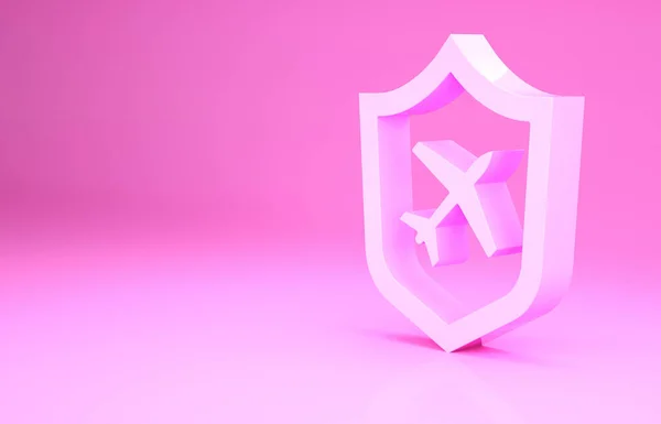 Roze vliegtuig met schild pictogram geïsoleerd op roze achtergrond. Vliegend vliegtuig. Vliegtuigverzekering. Beveiliging, veiligheid, bescherming, bescherming concept. Minimalisme concept. 3d illustratie 3D renderen — Stockfoto