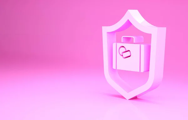 Valise de voyage rose avec icône de bouclier isolée sur fond rose. Assurance bagages de voyage. Sécurité, sûreté, protection, concept de protection. Concept de minimalisme. Illustration 3D rendu 3D — Photo