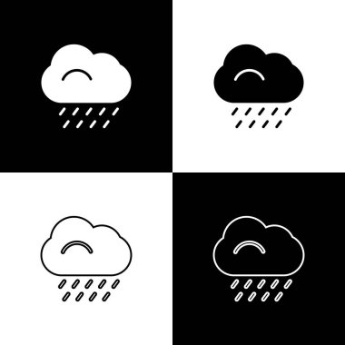 Bulut 'u yağmur simgesiyle siyah beyaz arkaplanda izole et. Yağmur damlaları ile yağmur bulutu yağışı. Vektör İllüstrasyonu.
