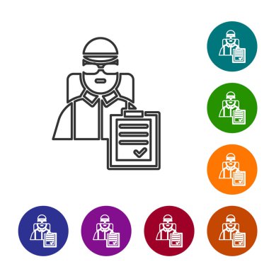 Karton kutuları olan siyah çizgi teslimatçısı beyaz arka planda izole edilmiş. Kuryeyle kapı kapı dolaşacağız. Simgeleri renk daire düğmelerine ayarla. Vektör İllüstrasyonu.