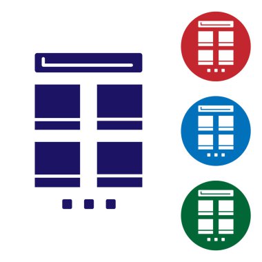 Cep telefonu simgesinden yapılan Blue Online alışverişi beyaz arka planda izole edildi. İnternet dükkanı, mobil mağaza uygulaması ve faturalar. Renkli kare düğmelerle simgeleri ayarla. Vektör İllüstrasyonu.