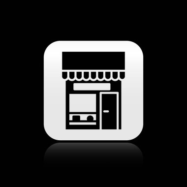 Black Shopping binası ya da market simgesi siyah arka planda izole edilmiş. Dükkan inşaatı. Gümüş kare düğme. Vektör İllüstrasyonu.