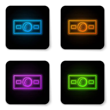 Parlayan neon kağıt para para ikonu beyaz arka planda izole. Para desteleri. Para birimi. Siyah kare düğme. Vektör İllüstrasyonu.