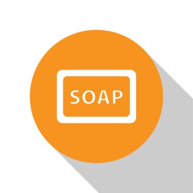 Beyaz arka planda izole edilmiş köpük simgesi olan beyaz sabun kalıbı. Köpüklü sabun çubuğu. Turuncu daire düğmesi. Vektör İllüstrasyonu.