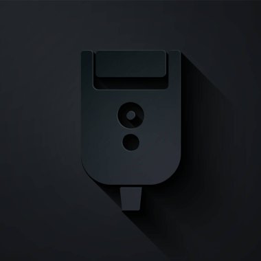 Kağıt kesiği, siyah arka planda izole edilmiş erkek simgesi için elektrikli tıraş bıçağı. Elektrikli tıraş makinesi. Kağıt sanatı tarzı. Vektör İllüstrasyonu.