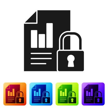 Siyah Belge ve kilit simgesi beyaz arkaplanda izole edildi. Dosya biçimi ve asma kilit. Güvenlik, güvenlik, koruma kavramı. Renkli kare düğmelerle simgeleri ayarla. Vektör İllüstrasyonu.