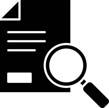 Beyaz arkaplanda arama simgesine sahip Siyah Belge. Dosya ve büyüteç simgesi. Analitik araştırma işareti. Vektör İllüstrasyonu.