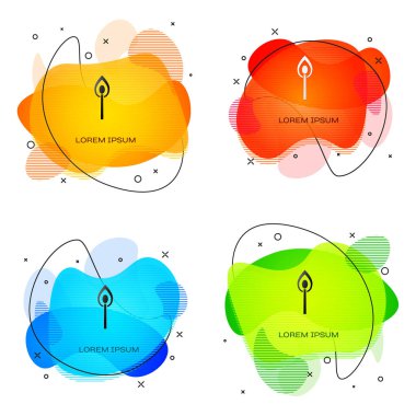 Beyaz arka planda izole edilmiş ateş ikonu ile siyah yakma kibriti. Ateşle maç. Kibrit işareti. Sıvı şekilli soyut pankart. Vektör İllüstrasyonu.