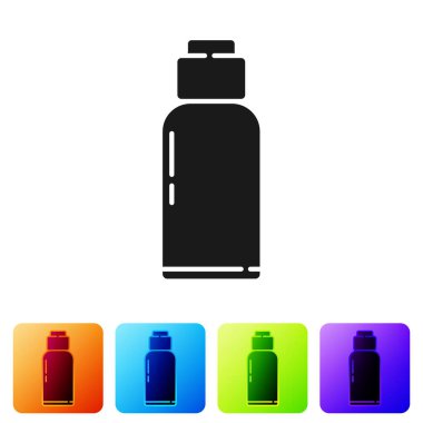 Siyah kantin su şişesi simgesi beyaz arkaplanda izole edilmiş. Turist matarası ikonu. Kampanyada bir kavanoz su kullanıldı. Renkli kare düğmelerle simgeleri ayarla. Vektör İllüstrasyonu.
