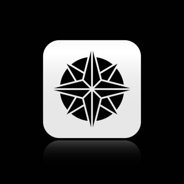 Kara Rüzgar gül simgesi siyah arkaplanda izole edildi. Seyahat için pusula simgesi. Navigasyon tasarımı. Gümüş kare düğme. Vektör İllüstrasyonu.