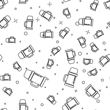 Beyaz arka planda siyah çizgi termos konteynır ikonu izole edilmiş kusursuz desen. Termo matara ikonu. Kamp ve yürüyüş ekipmanları. Vektör İllüstrasyonu.