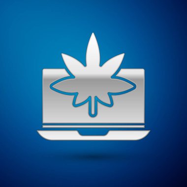 Mavi arka planda gümüş dizüstü bilgisayar ve tıbbi marihuana veya kenevir yaprağı ikonu var. İnternetten satın alma sembolü. Süpermarket sepeti. Vektör İllüstrasyonu.