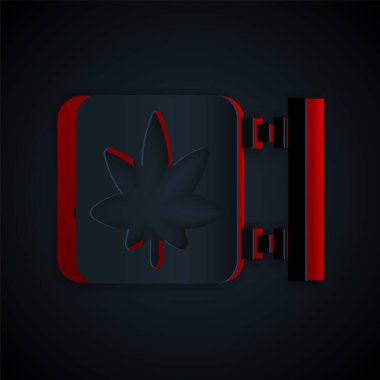 Kağıt kesiği Marijuana ve kenevir dükkanı ikonu siyah arka planda izole edilmiş. Sigara içmek, tıbbi esrar depolamak için ekipman ve aksesuarlar. Kağıt sanatı tarzı. Vektör İllüstrasyonu.