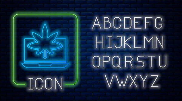 Leuchtender Neon Laptop Und Medizinisches Marihuana Oder Cannabis Blatt Symbol — Stockvektor