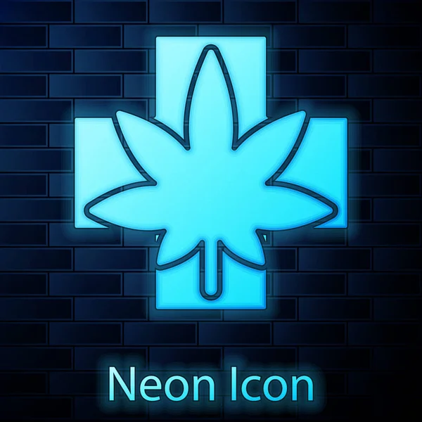 Glowing Neon Medical Marijuana Cannabis Leaf Icon Isolated Brick Wall — Stock Vector