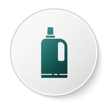 Beyaz arkaplanda yeşil kumaş yumuşatıcı simgesi izole edildi. Sıvı çamaşır deterjanı, saç kremi, temizlik maddesi, çamaşır suyu. Beyaz daire düğmesi. Vektör İllüstrasyonu.