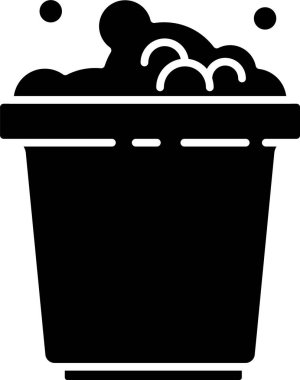 Beyaz zemin üzerinde sabun köpüğü simgesi olan siyah kova. Sulu kase. Çamaşır yıkama, temizlik malzemeleri. Vektör İllüstrasyonu.