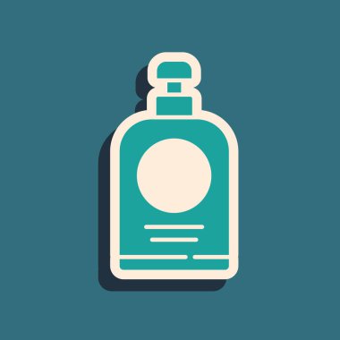 Yeşil El dezenfektanı yeşil arka planda izole edilmiş. Dezenfeksiyon konsepti. Yıkama jeli. Hijyen için alkol şişesi. Uzun gölge tarzı. Vektör İllüstrasyonu.