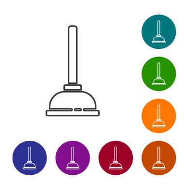 Beyaz arka planda izole edilmiş boru temizleme ikonu için tahta saplı siyah çizgili lastik pompa. Tuvalet pompası. Simgeleri renk daire düğmelerine ayarla. Vektör İllüstrasyonu.