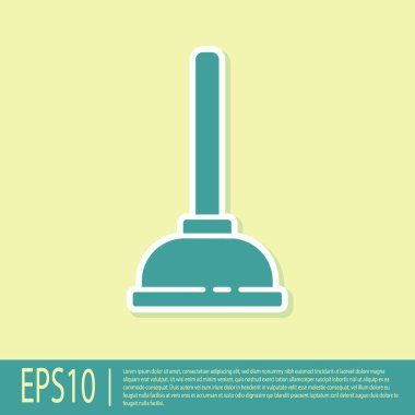Sarı arka planda izole edilmiş boru temizleme ikonu için ahşap saplı yeşil lastik pompa. Tuvalet pompası. Vektör İllüstrasyonu.