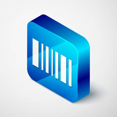 Gri arkaplanda Isometric Barkod simgesi izole edildi. Mavi kare düğme. Vektör İllüstrasyonu.