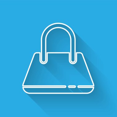 Beyaz çizgi el çantası simgesi uzun gölgeli izole edilmiş. Kadın el çantası işareti. Glamour günlük bagaj sembolü. Vektör İllüstrasyonu.