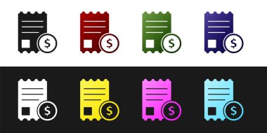 Siyah beyaz arkaplanda kağıt kontrolü ve mali kontrol simgesini ayır. Kağıt baskı çeki, makbuz ya da fatura. Vektör İllüstrasyonu.